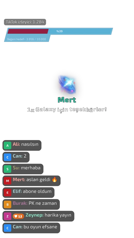 Yayında görünen widget'lar: izleyici sayacı, beğeni hedefi, hediye uyarısı ve sohbet